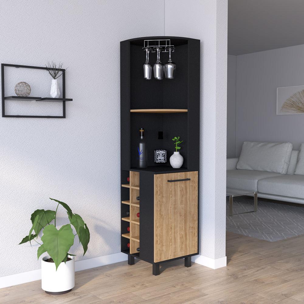 Corner Bar Cabinet Cleveland, Ten Wine Cubbies, Black Wengue / Pine Finish. Picture 1