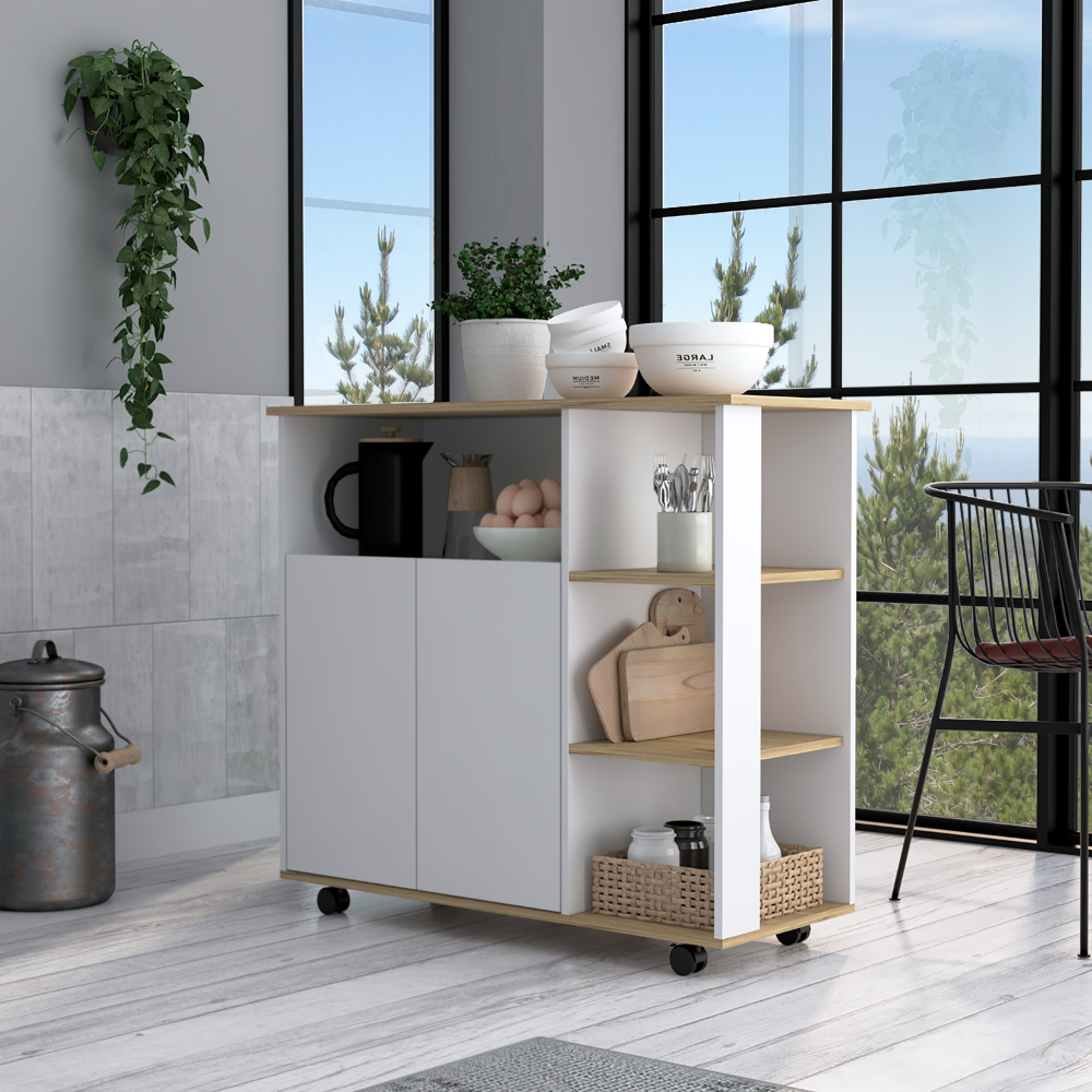 Kitchen Island Kamkacht, One Cabinet, Light Oak / White Finish. Picture 1