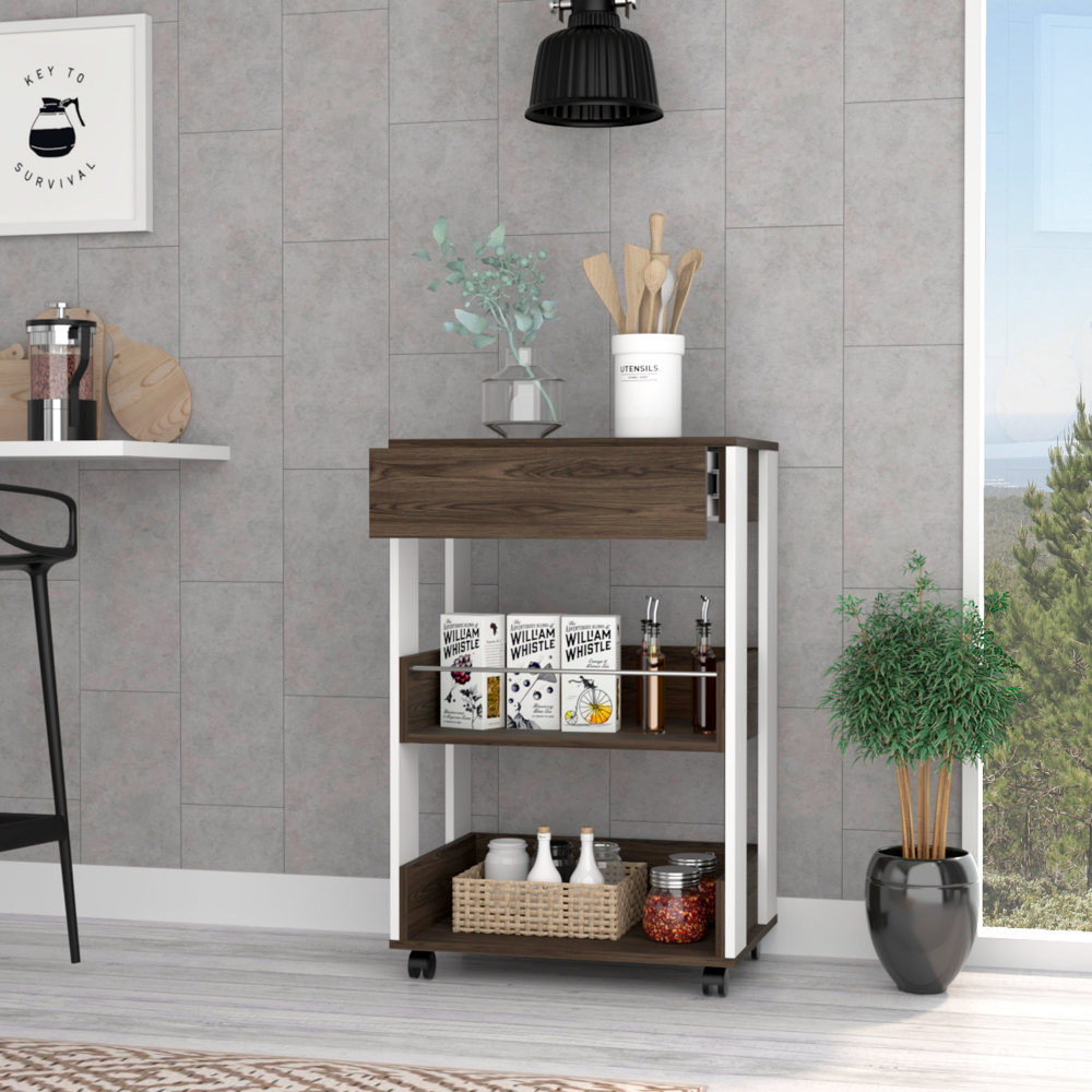 Kitchen Cart Coron with Drawer, White / Dark Walnut Finish. Picture 1