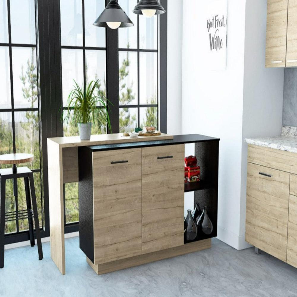 Kitchen Island Ohio, Double Door Cabinets, Black Wengue / Light Oak Finish. Picture 1