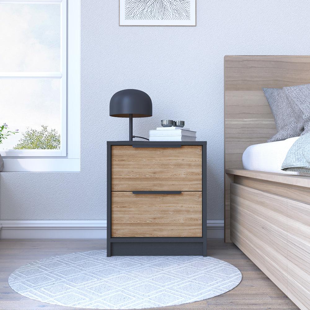 Nightstand Cervants, Two Drawers, Metal Handle, Black wengue / Pine Finish. Picture 1