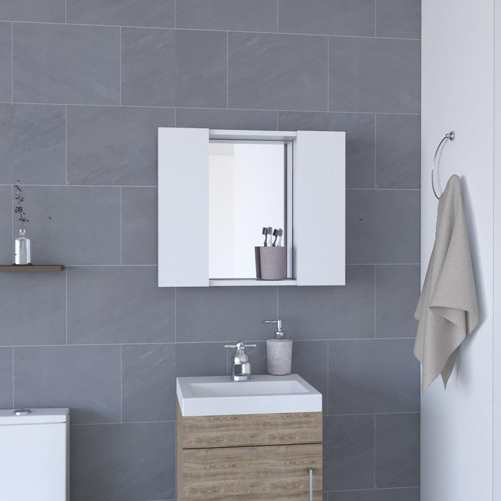 Medicine Cabinet Hops, Double Door, Mirror, One External Shelf, White Finish. Picture 1