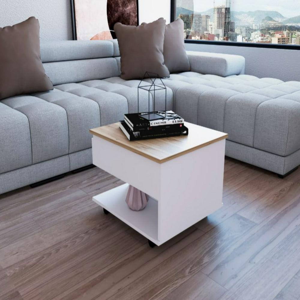 Lift Top Coffee Table Mercuri, Casters, White / Light Oak Finish. Picture 1