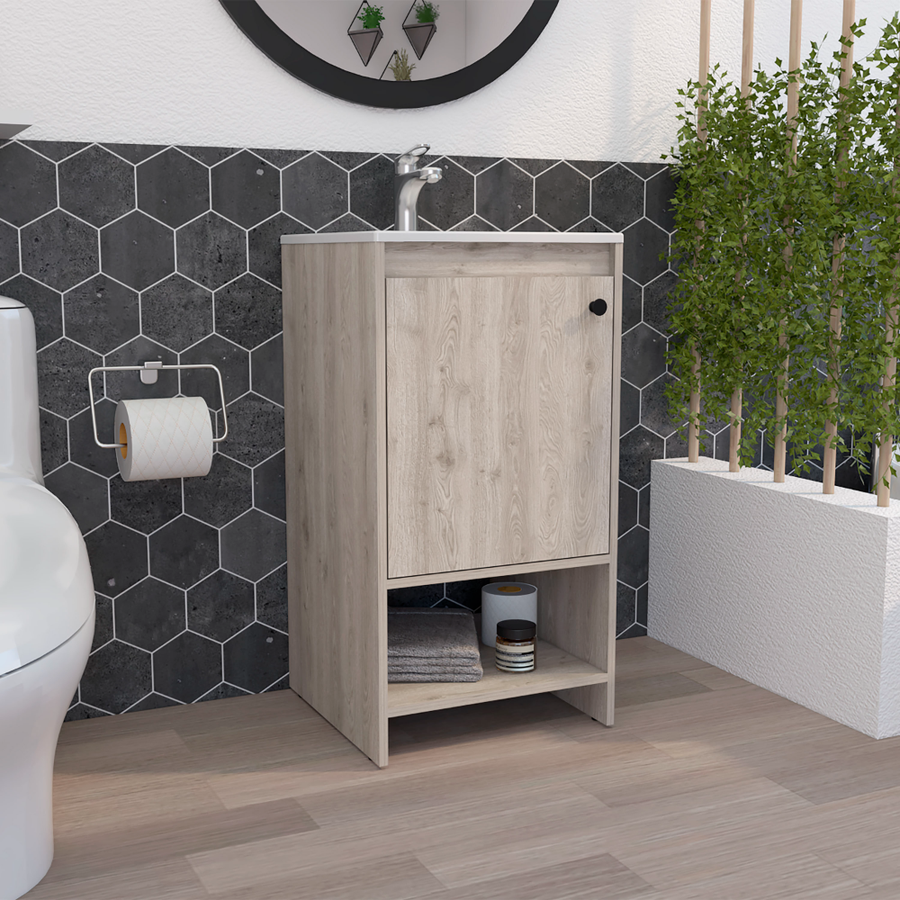 Bathroom Vanity Poket, Single Door Cabinet, Two Shelves, Light Gray Finish. Picture 1