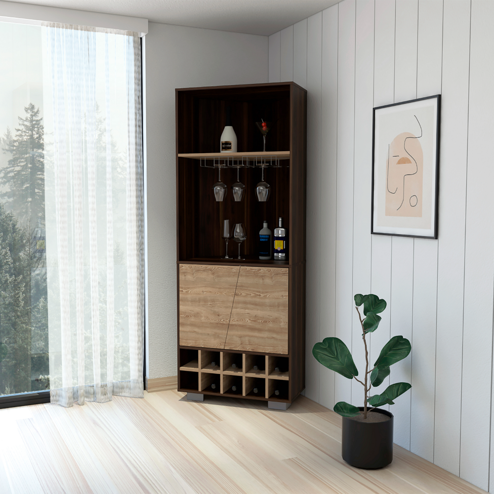 Corner Bar Cabinet Albarr, Ten Wine Cubbies, Two Shelves, Dark Oak / Pine. Picture 1