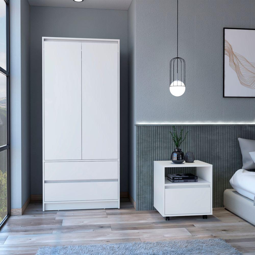 Laurel 2 Piece Bedroom Set, Nightstand + Armoire, White Finish. Picture 1