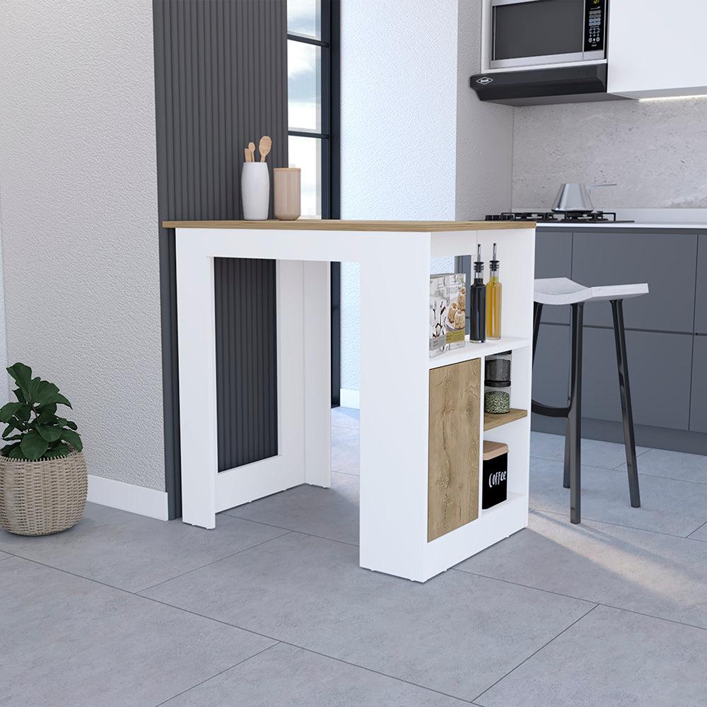 Kitchen Island Wynne with Storage and Cabinet, White / Macadamia Finish. Picture 1