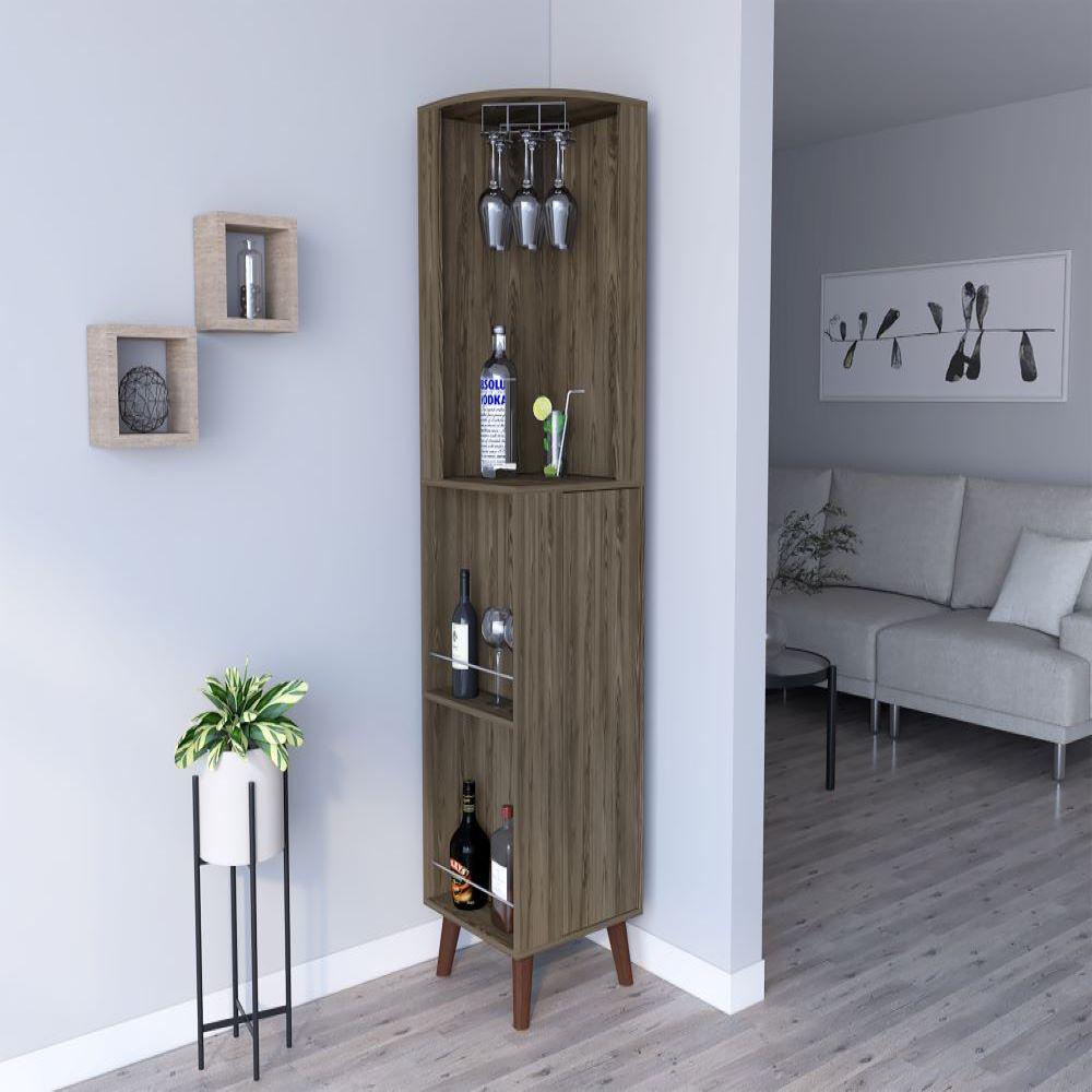 Corner Bar Cabinet Plex, Cup Rack, Two External Shelves, Dark Brown Finish. Picture 1