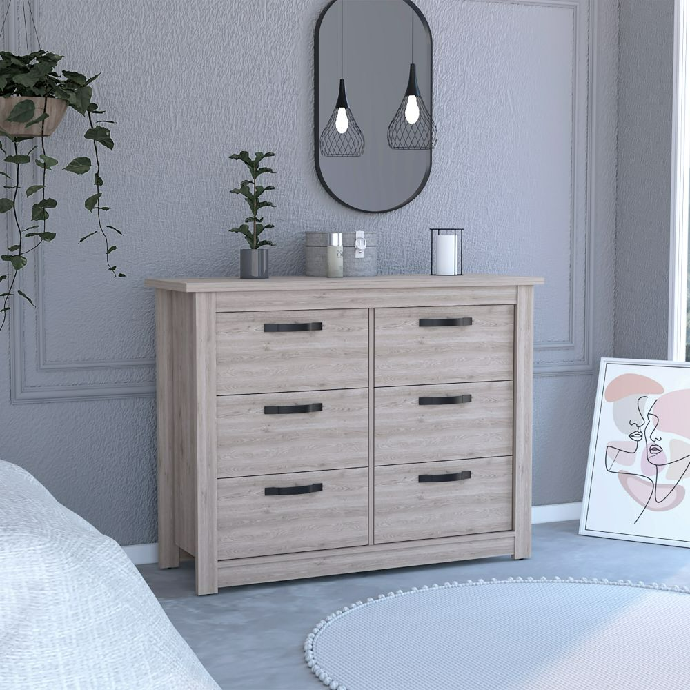 6 Drawer Double Dresser Toret, Metal Hardware, Light Gray Finish. Picture 1