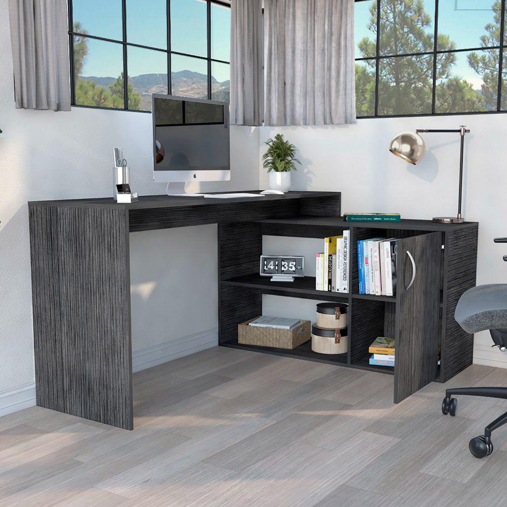 L-Shaped Desk Desti, Office, Smoky Oak. Picture 1
