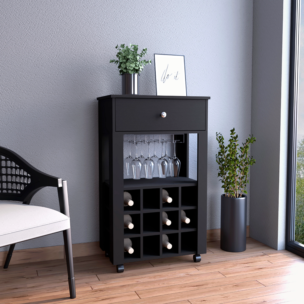 Bar Cart Bayamon, Twelve Wine Cubbies, Four Legs, Black Wengue Finish. Picture 1