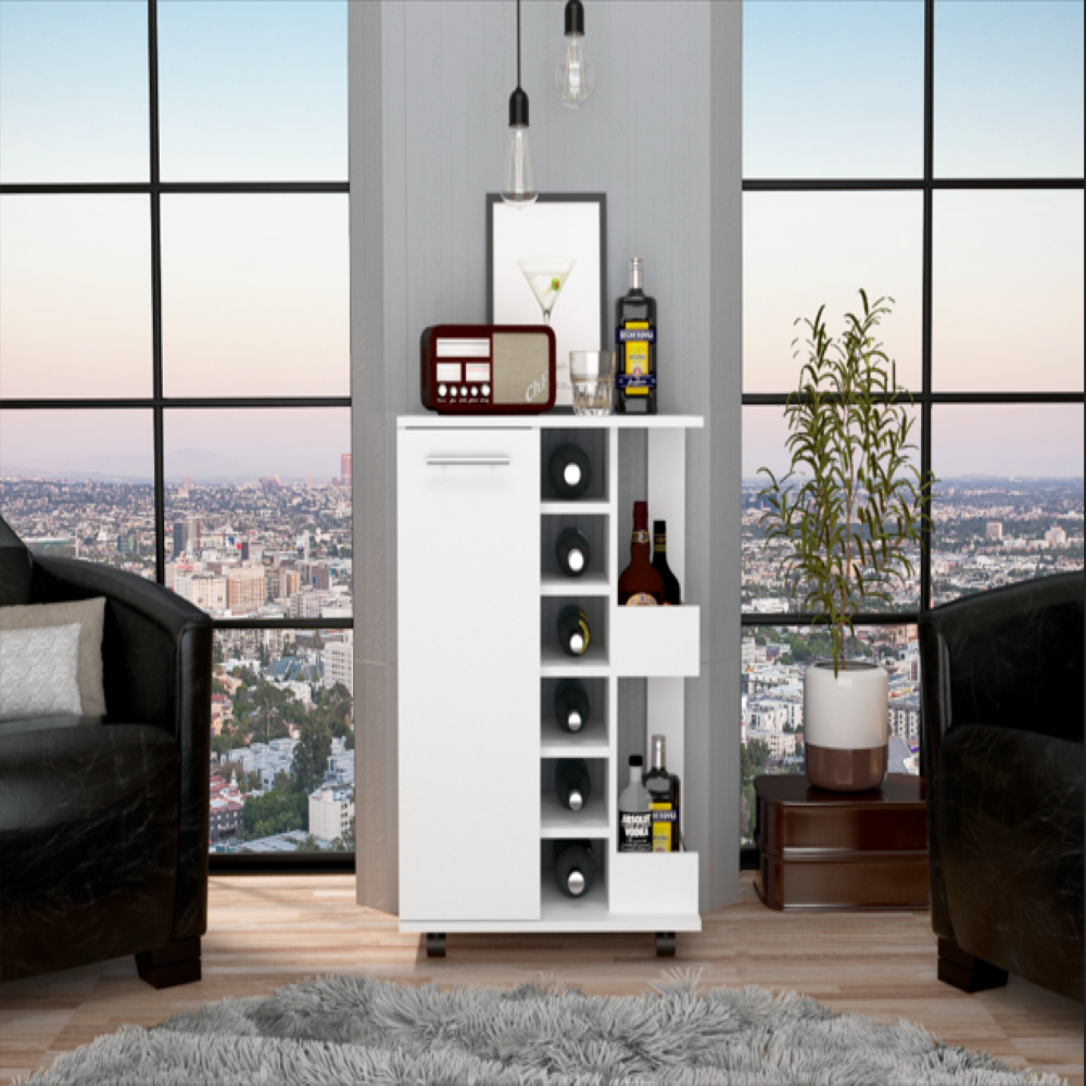 Bar Cart Wells, Four Casters, Six Wine Cubbies, White Finish. Picture 1