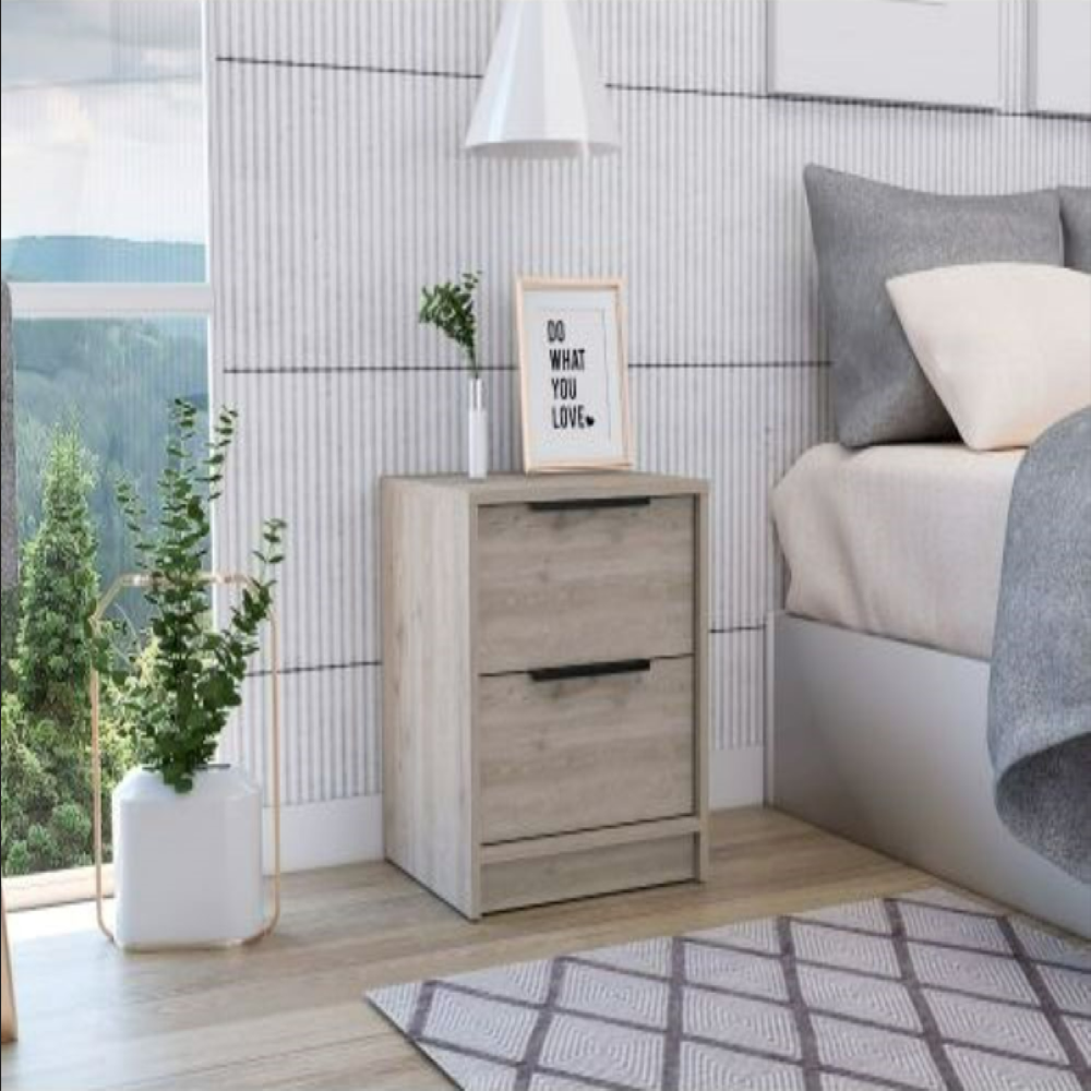 Nightstand Cervants, Two Drawers, Metal Handle, Light Gray Finish. Picture 1