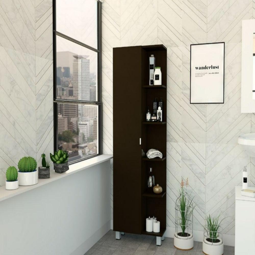 Corner Cabinet Womppi, Five Open Shelves, Single Door, Black Wengue Finish. Picture 1