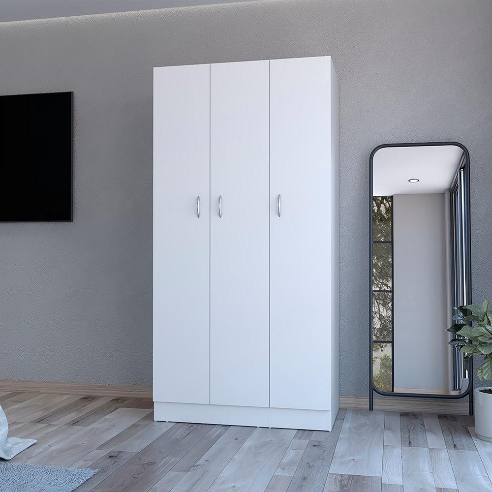 Wardrobe Erie, 4 Storage Shelves, 2 Drawers and 3 Doors, White Finish. Picture 1