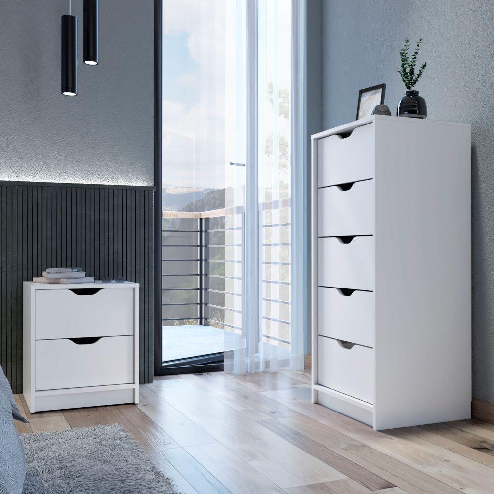 Raymer 2 Piece Bedroom Set, Nightstand + Dresser, White Finish. Picture 1