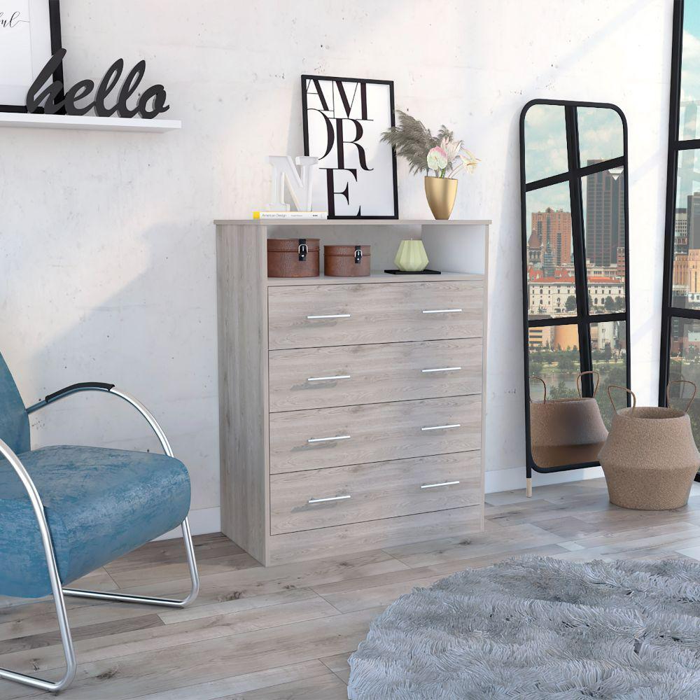 Four Drawer Dresser Wuju, One Shelf, Light Gray / White Finish. Picture 1