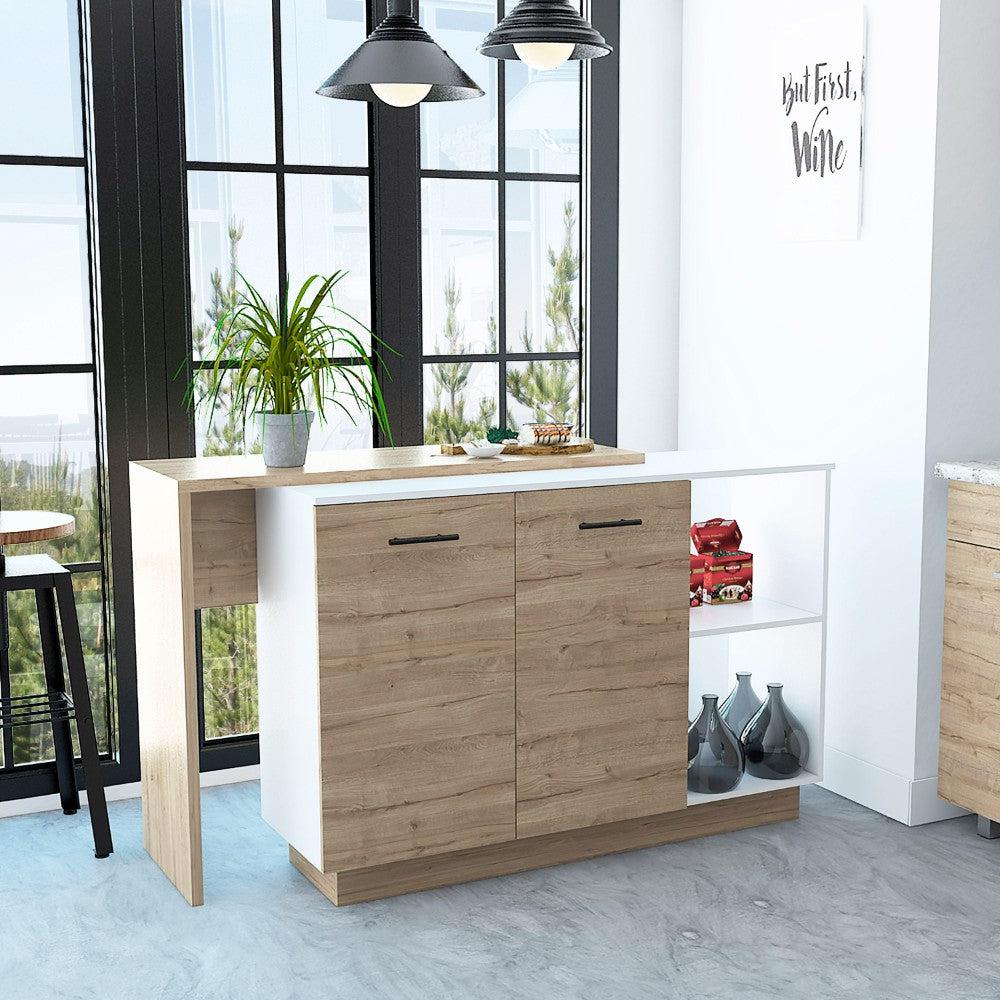 Kitchen Island Ohio, Double Door Cabinets, White / Light Oak Finish. Picture 1