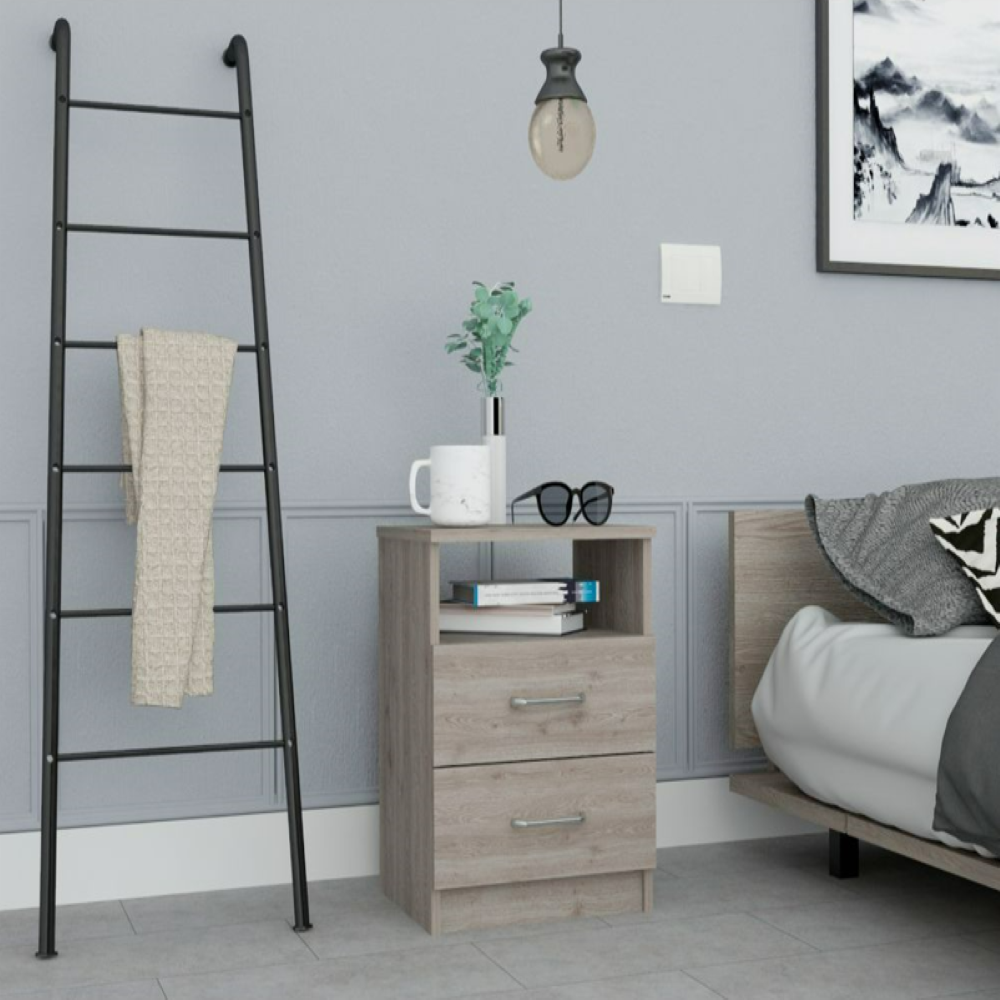 Nightstand Olienza, Two Drawers, One Shelf, Light Gray Finish. Picture 1