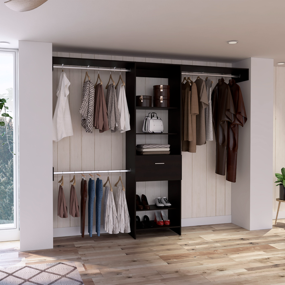 250 Closet System British, One Drawer, Three Metal Rods, Black Wengue Finish. Picture 1