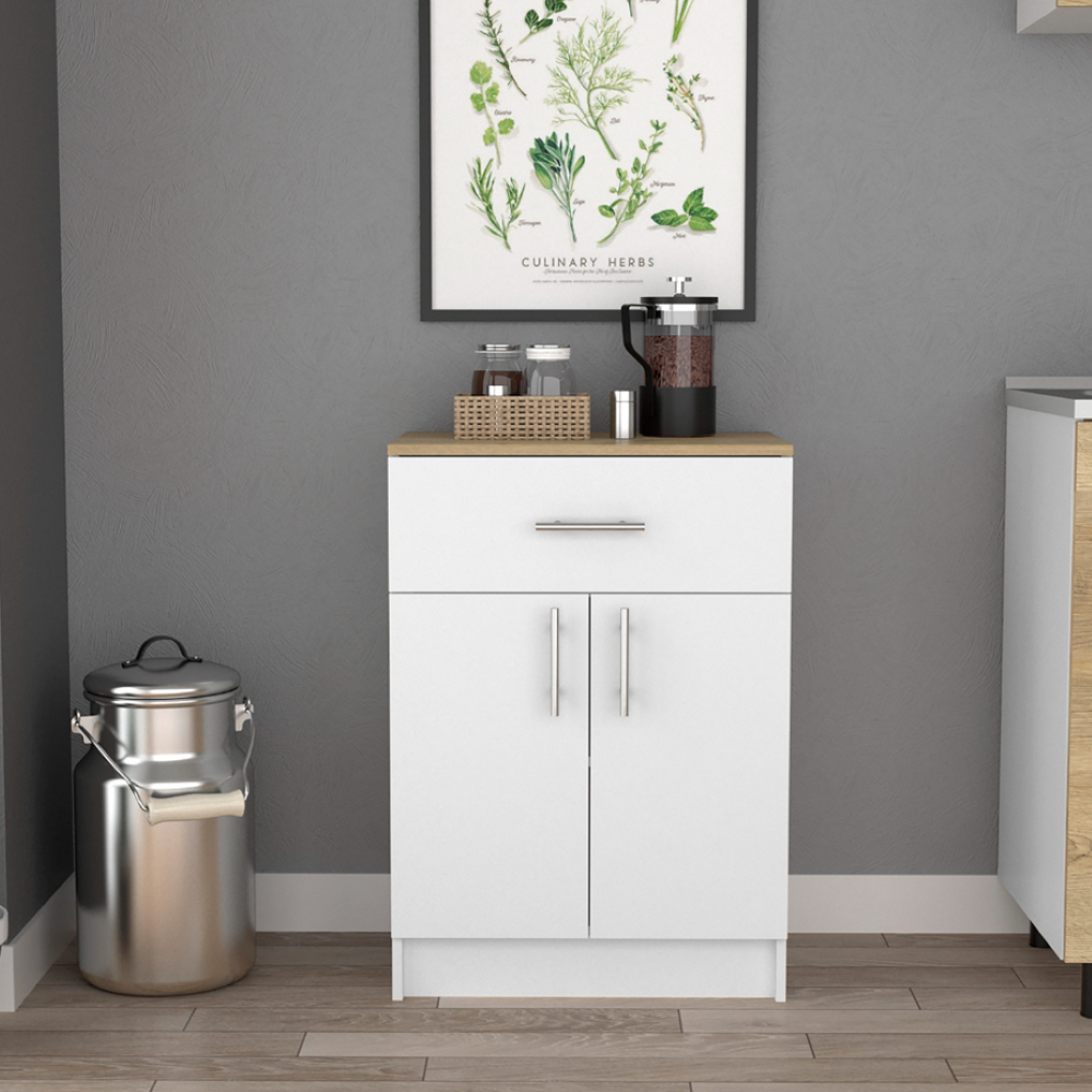 Pantry Cabinet Netal, One Drawer, White / Light Oak Finish. Picture 1
