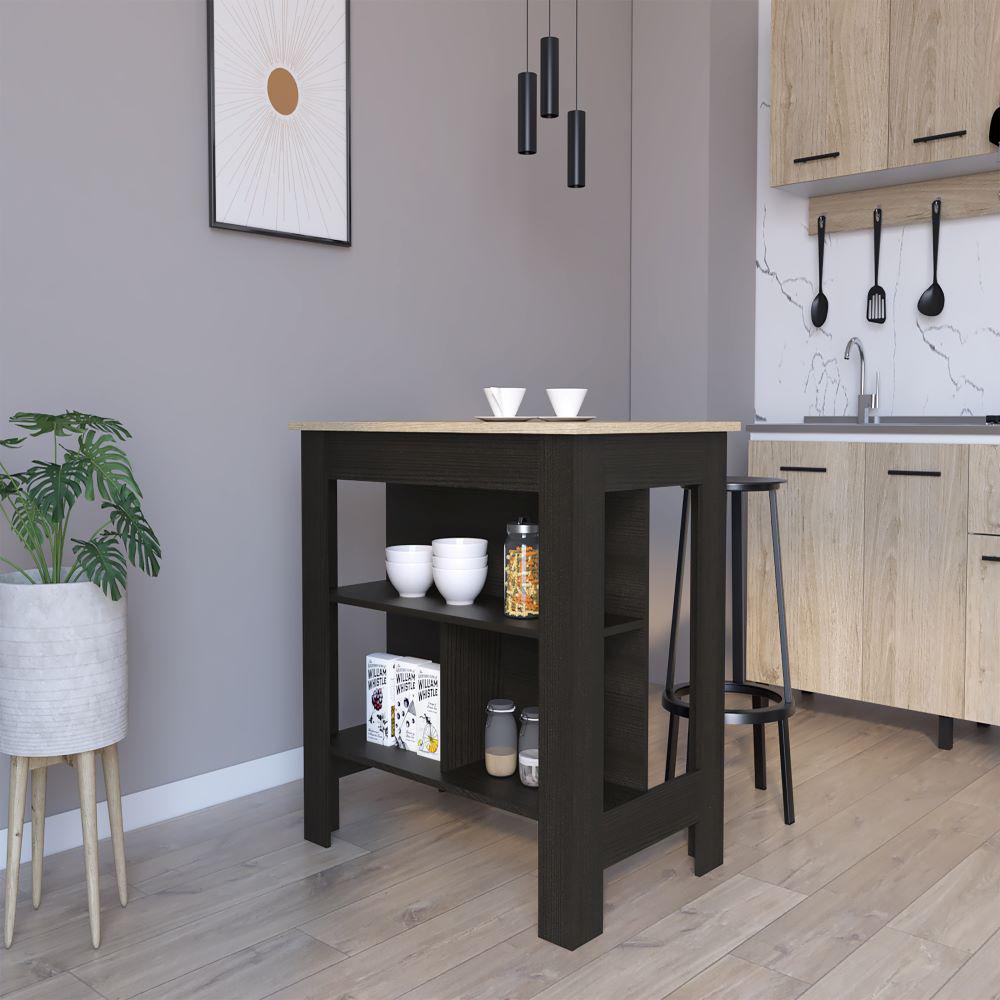 Kitchen Island Dozza, Three Shelves, Black Wengue / Light Oak Finish. Picture 1