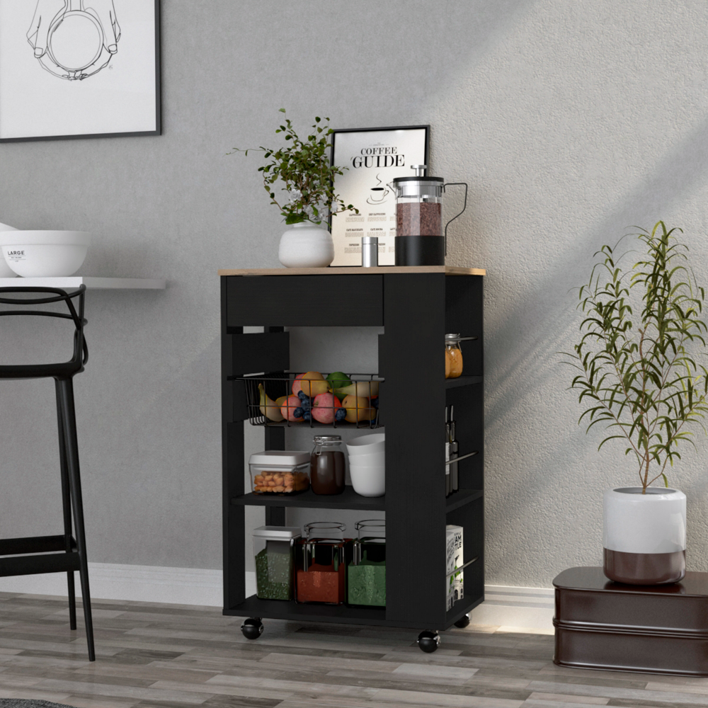 Kitchen Cart Sonex, One Drawer, Two Open Shelves, Black Wengue/Light Oak Finish. Picture 1