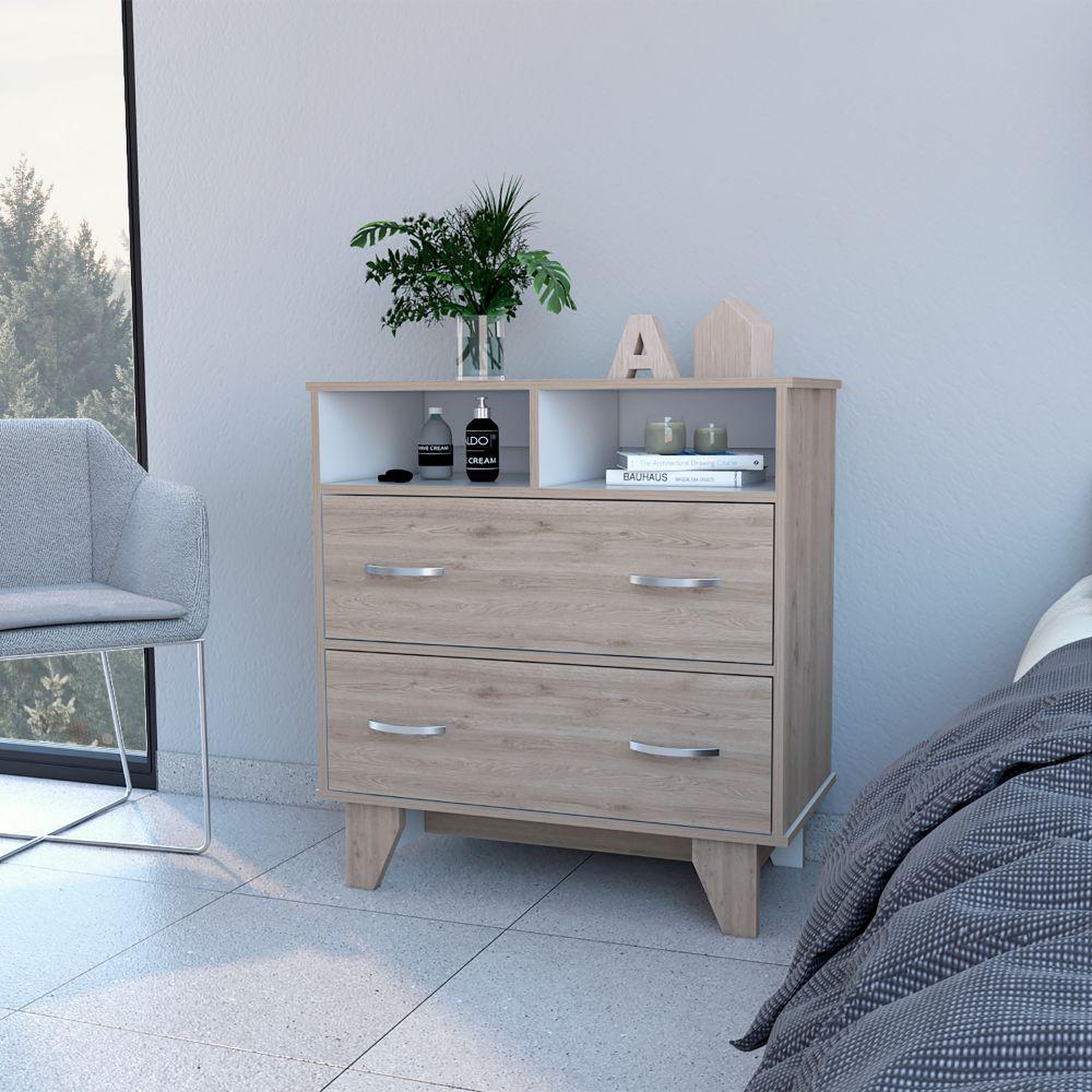 Double Drawer Dresser Arabi, Two Shelves, Light Gray / White Finish. Picture 1