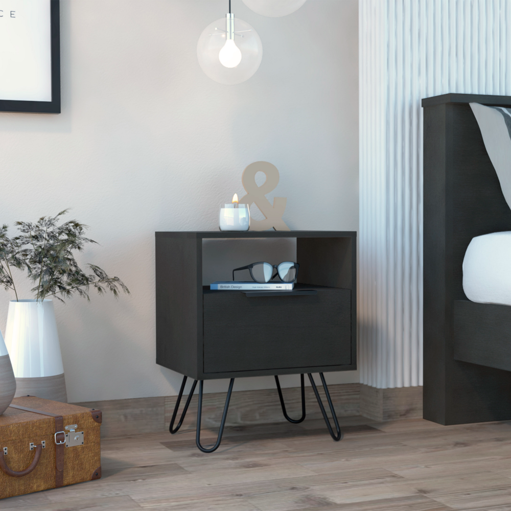 Nightstand Skyoner, Single Drawer, Hairpin Legs, Black Wengue Finish. Picture 1
