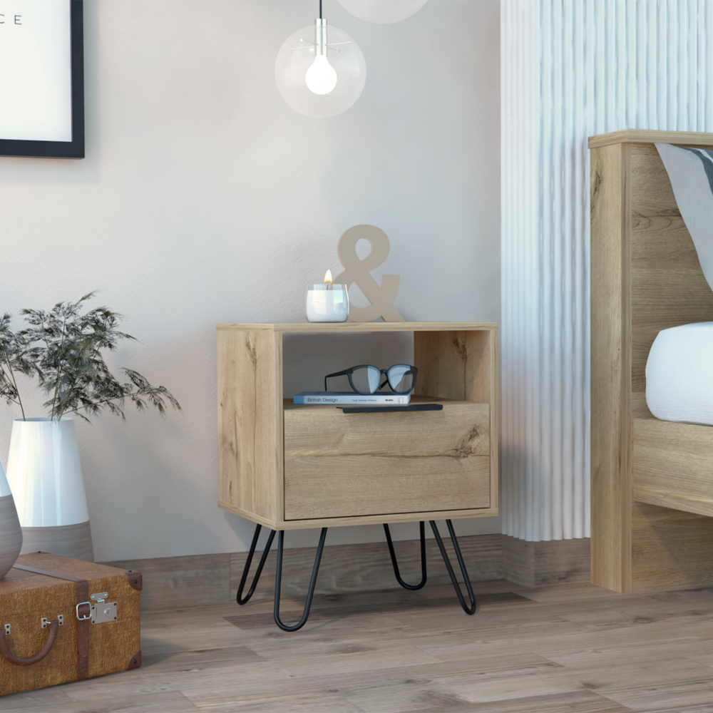 Nightstand Skyoner, Single Drawer, Hairpin Legs, Light Oak Finish. Picture 1