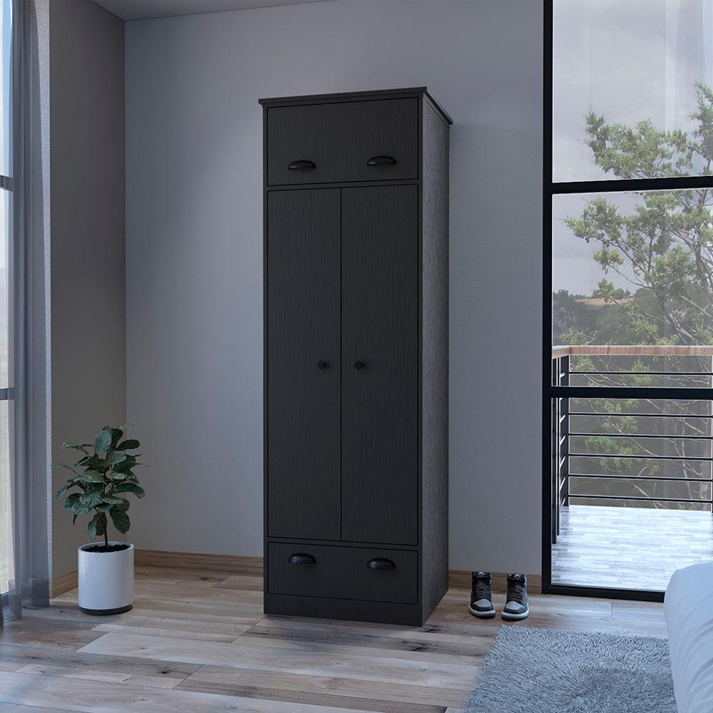 Armoire with Two-Doors Dumas, Top Hinged Drawer, Black Wengue Finish. Picture 1