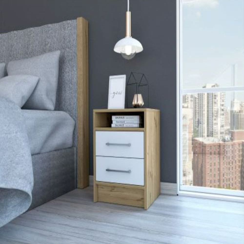 Nightstand Cartiz, Two Drawers, White / Light Oak Finish. Picture 1
