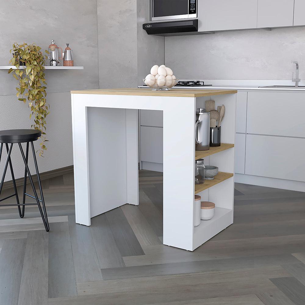 Kitchen Island Doyle, Three Side Shelves, White and Light Oak Finish. Picture 1