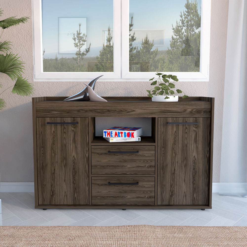 Sideboard Perssiu, Two Drawers, Double Door Cabinets, Dark Walnut Finish. Picture 1