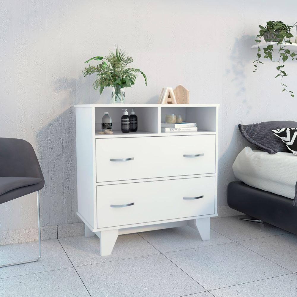 Double Drawer Dresser Arabi, Two Shelves, White Finish. Picture 1