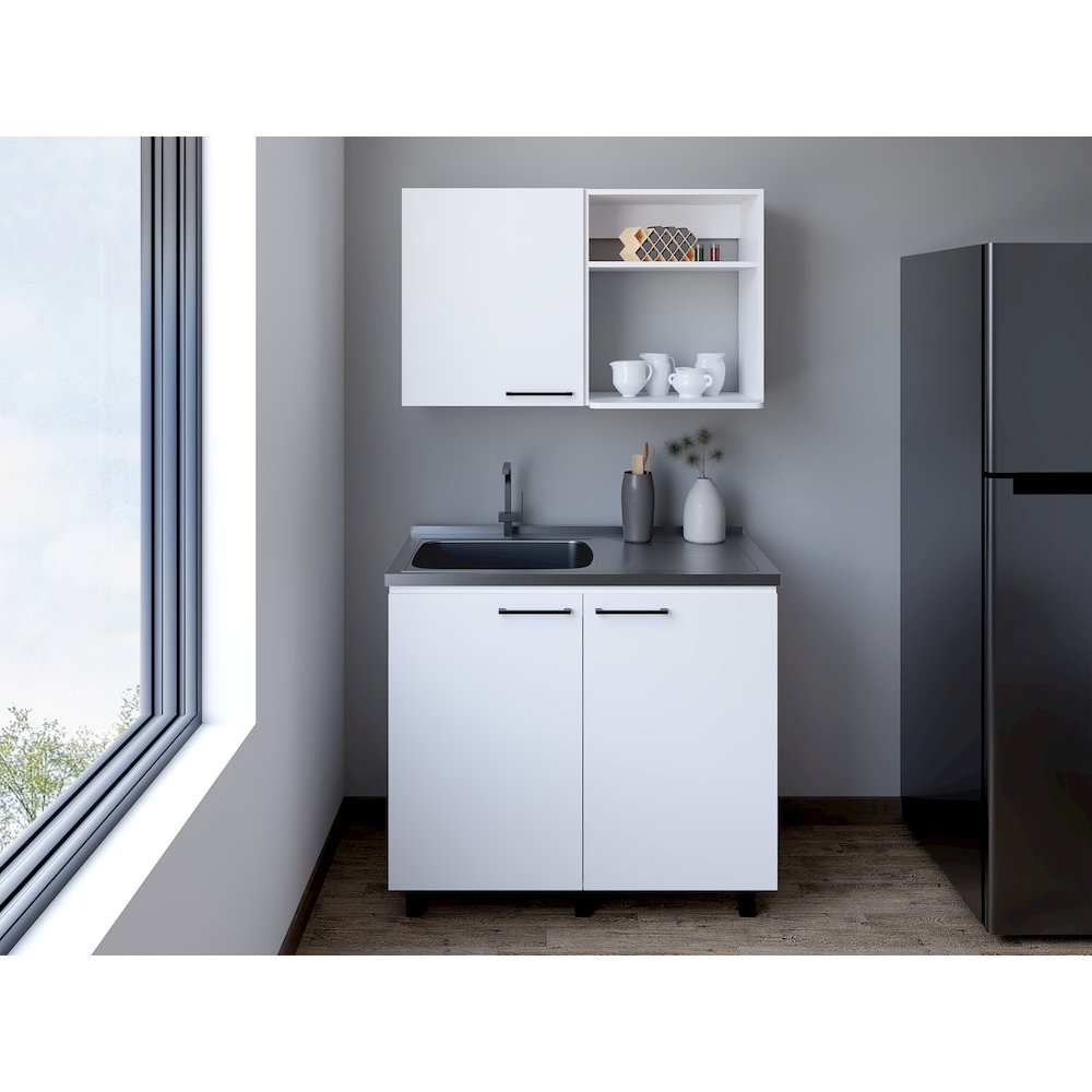Alexandria 2 Piece Kitchen Set, Wall Cabinet + Utility Sink, White Finish. Picture 1