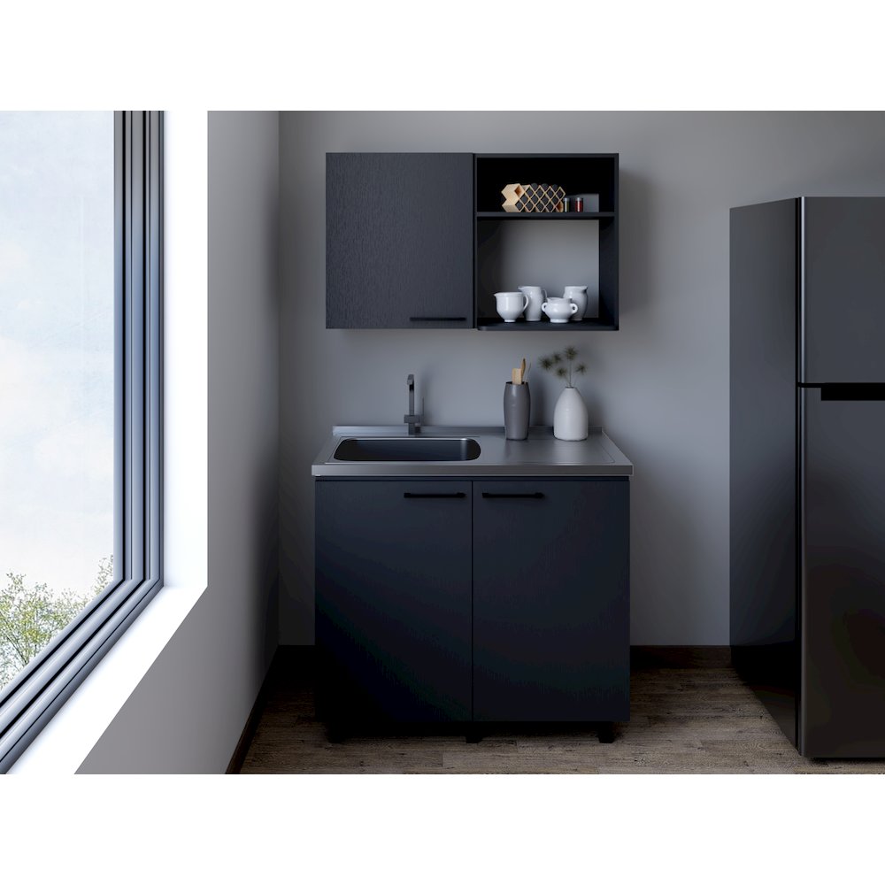 Alexandria 2 Piece Kitchen Set, Wall Cabinet + Utility Sink, Black Wengue Finish. Picture 1