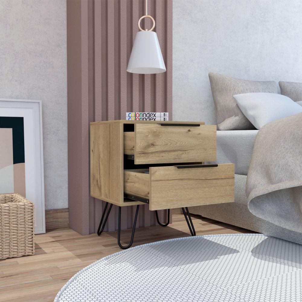 Nightstand Skyoner 2, Harpin Legs, Two Drawers, Light Oak Finish. Picture 1