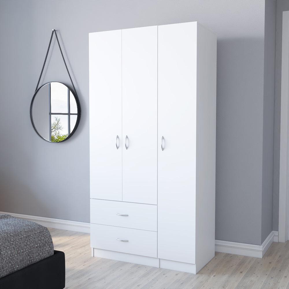 Three Door Armoire Clark, Metal Rod, White Finish. Picture 1