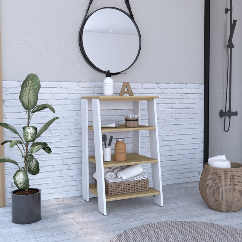 Linen Cabinet Jenne, Four Open Shelves, Light Oak / White Finish. Picture 1