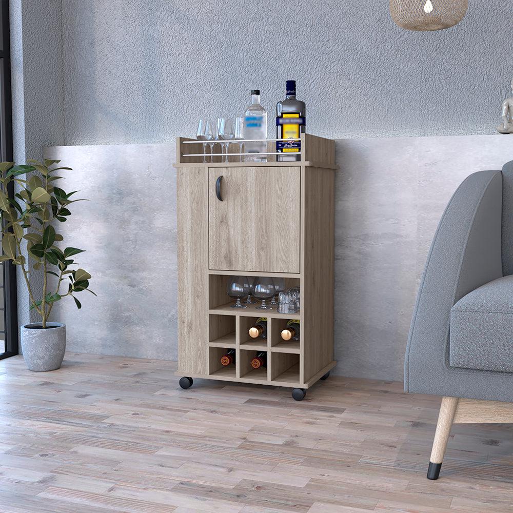 Bar Cart with Casters Reese, Six Wine Cubbies and Single Door, Light Gray Finish. Picture 1