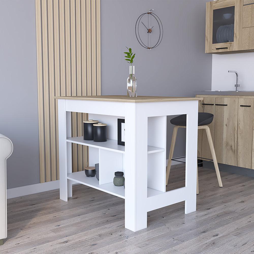 Kitchen Island Antibacterial Dozza,Three Shelves, Light Oak / White Finish. Picture 1