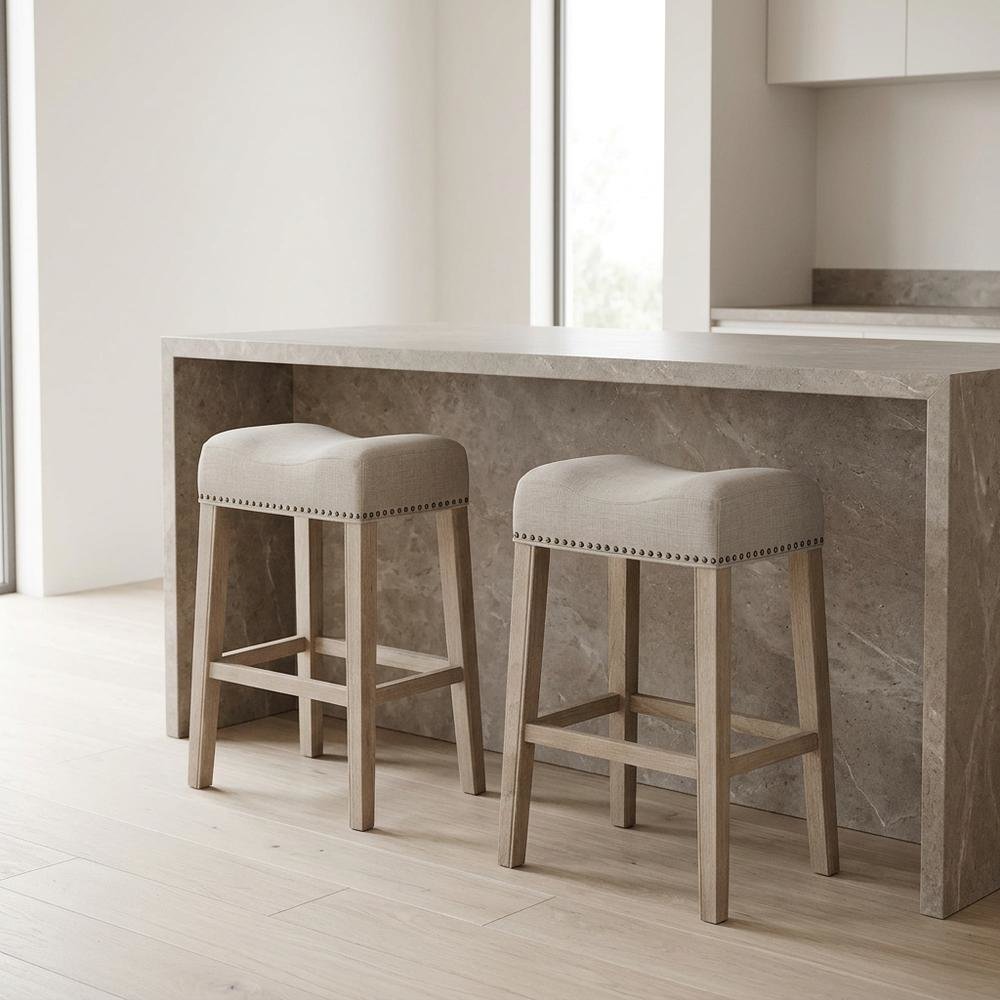Upholstered Backless Saddle Seat Bar Stools, Tan, Set of 2, 29" Height. Picture 2