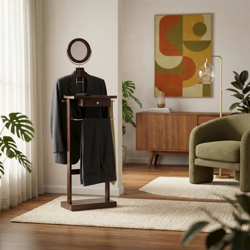 Dark Espresso Solid Wood Clothes Valet Stand with Mirror, Drawer, and Tray. Picture 2
