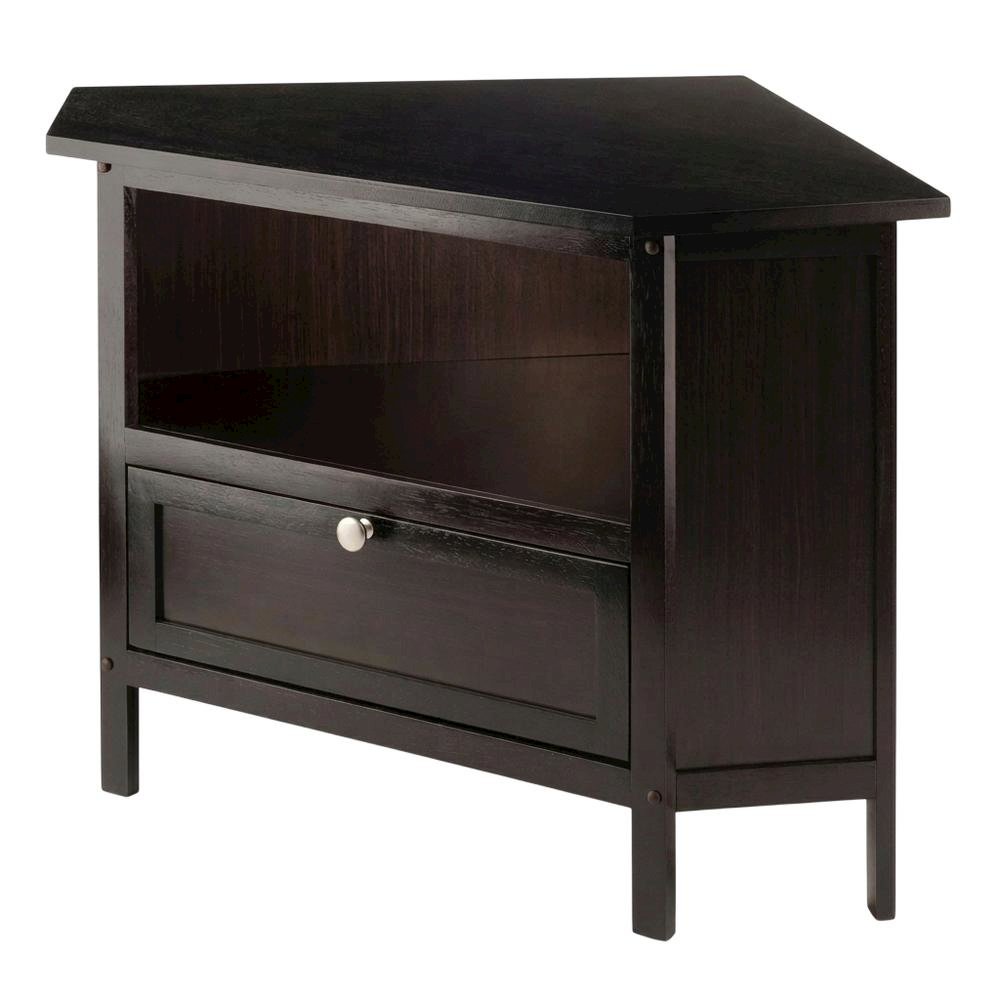 Solid Wood Corner TV Stand With Storage Flip Down Door And Open Shelf. Picture 1