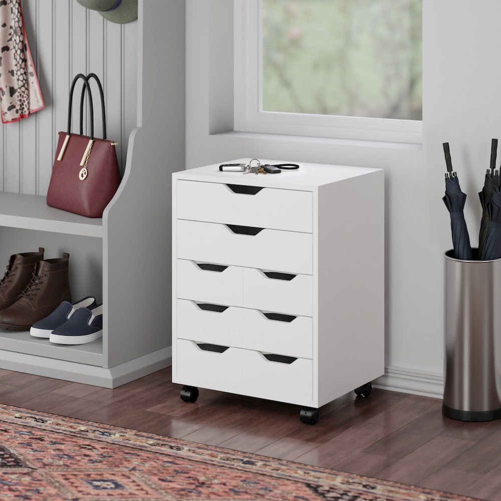 Norfolk 6 Bins, 2 Drawer Mobile Cabinet, White Finish. Picture 15