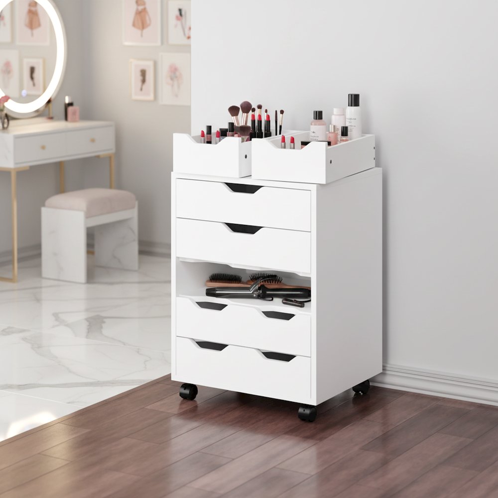 Norfolk 6 Bins, 2 Drawer Mobile Cabinet, White Finish. Picture 16