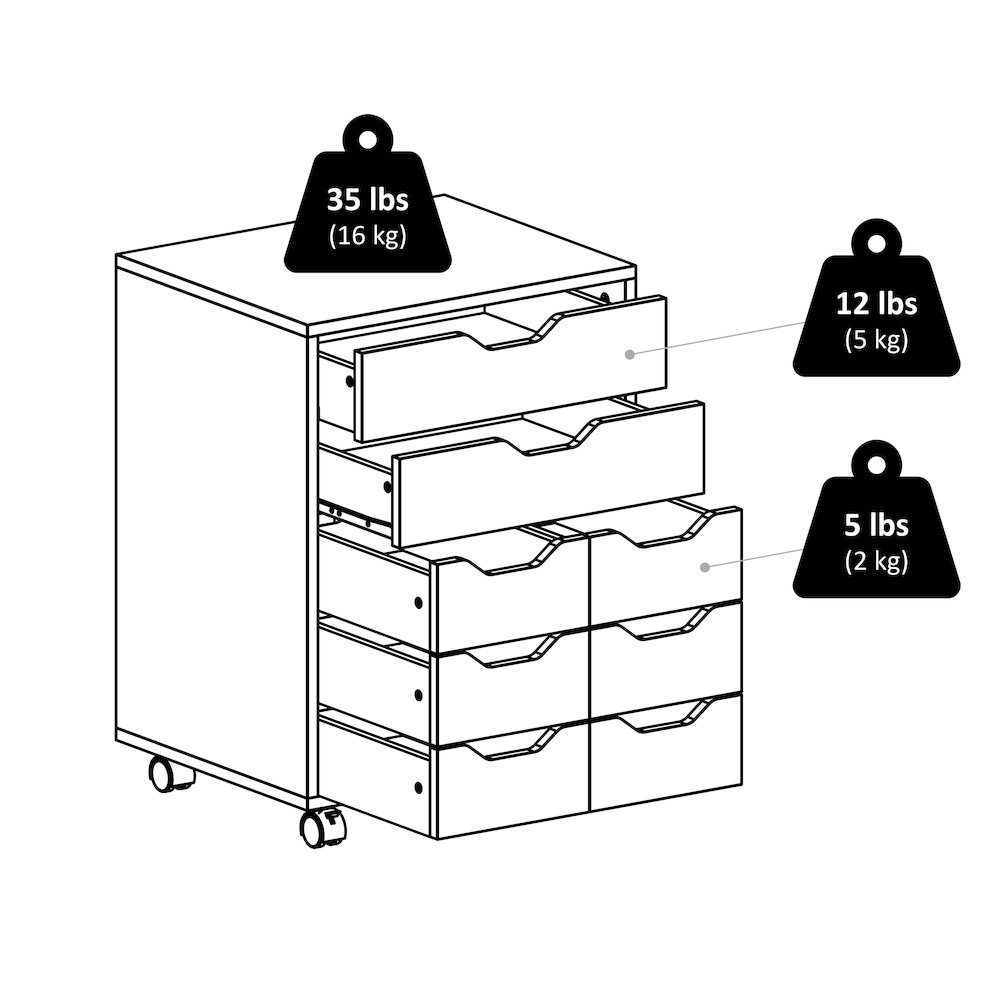 Norfolk 6 Bins, 2 Drawer Mobile Cabinet, White Finish. Picture 18