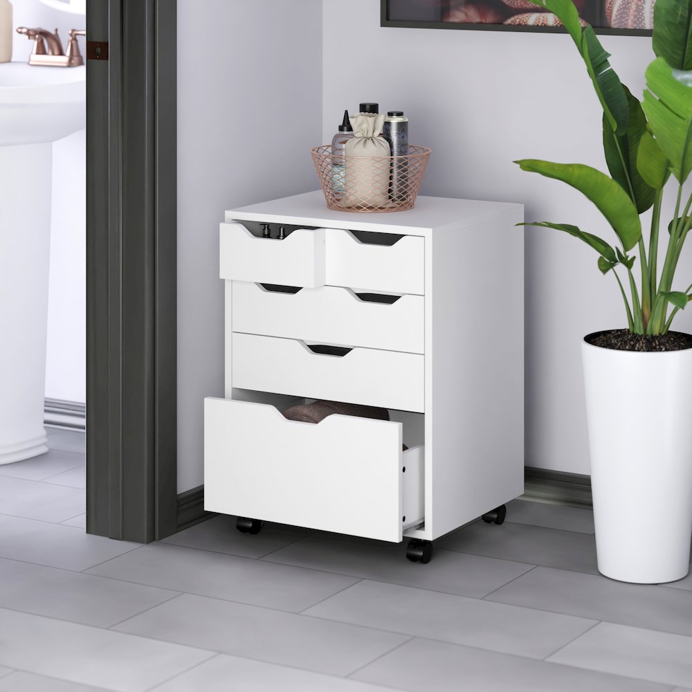 Norfolk 4 Bins, 2 Drawer Mobile Cabinet, White Finish. Picture 13