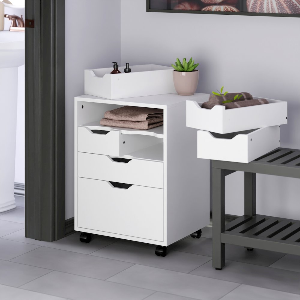 Norfolk 4 Bins, 2 Drawer Mobile Cabinet, White Finish. Picture 14